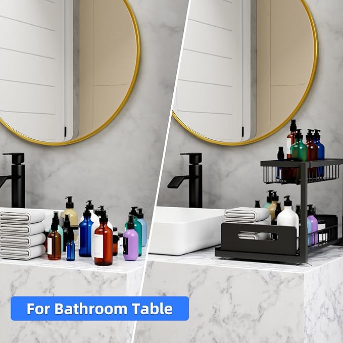 2-Tier Under Sink Slide Out Organizer, Pull Out Cabinet Storage Shelf with Sliding Wire Basket Drawer for Bathroom Kitchen, Countertop or Pantry Shelf, Black