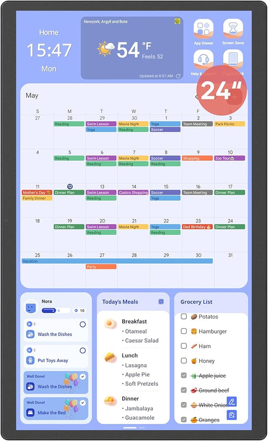 Digital Calendar+ 2: 24 Inch Wall Touch Screen Chore Chart Customize Dashboard Smart Electronic Calendar for Family Schedules Meal Planner Supports All Google Play Apps Wall Mount Black