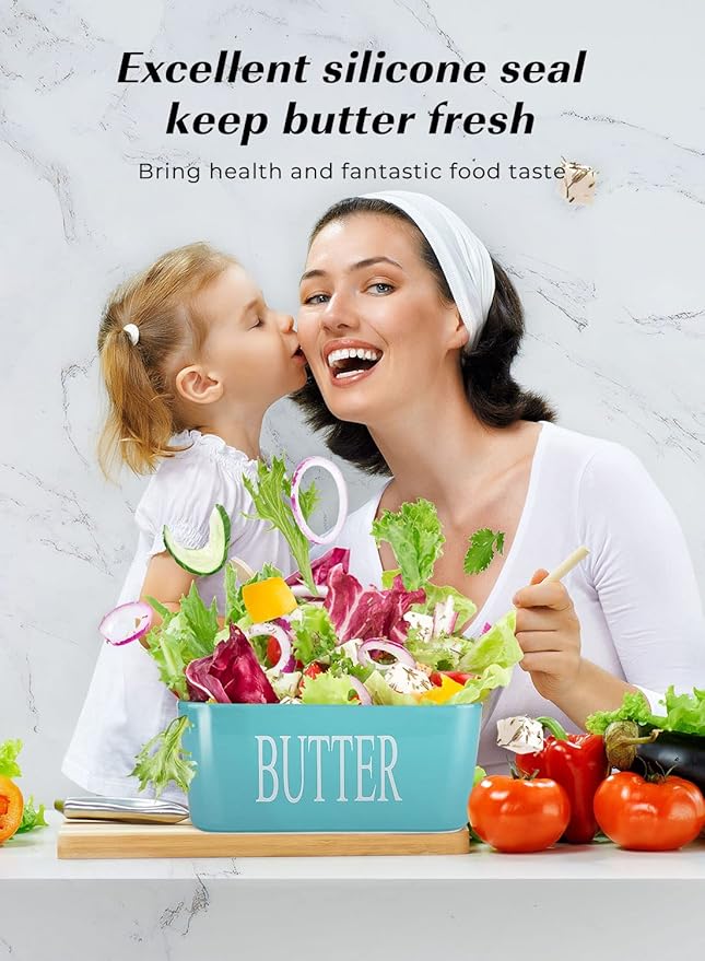 Butter Dish with Lid: Large Butter Container for Countertop - Ceramic Butter Holder for Counter - Butter Tray Butter Keeper with Knife and Sponge Scrubber - Perfect for 2 Sticks of Butter Green