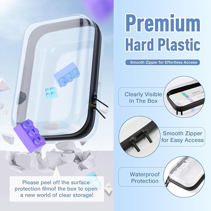 4Pcs Clear Hard Shell Zipper Case, BIiss Plastic Bins for Organizing, Clear Zipper Pouches Makeup Case & Lidded Storage Bins Organizer for Storage Cosmetics, Puzzles, 8.7 x 6.3 x 2.4 Inch