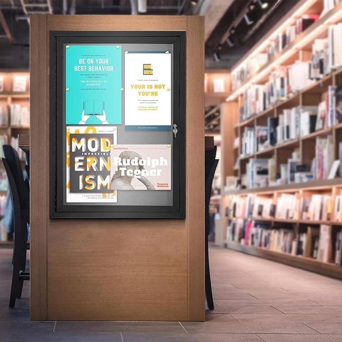 Enclosed Bulletin Board Outdoor Noticeboard with Locking Door, Weather-Resistant, Grey Felt, Black Aluminum Frame, 36 x 24 in