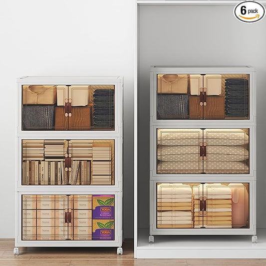 720Qt Stackable Storage Bins with Lids, 6 Pack Large Collapsible Bins with Wheels, Plastic Cabinet with Doors, Foldable Closet Organizers and Storage for Home, Dorm, Office, White