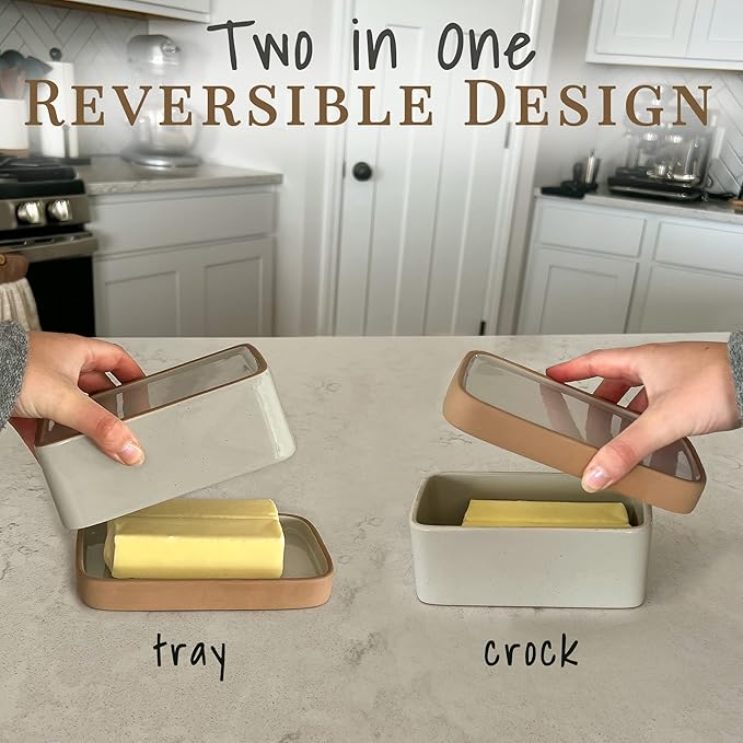Mora Ceramic Two-in-One Butter Dish with Lid, Covered Butter Crock Container to Leave on Countertop - Large Storage Keeper/Holder for Kitchen, Gifts for Her, Butter Tray For Counter - Earl Grey