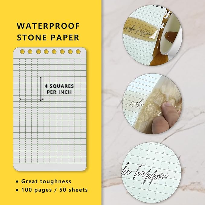 4 Pack Weatherproof Spiral Notepads A7 Waterproof Stone Paper Pocket Notebooks, Grid Pattern, Hard Cover with IN & CM Scales, Small All Weather Steno Pads for Travel, Field (3" x 5", Grey)