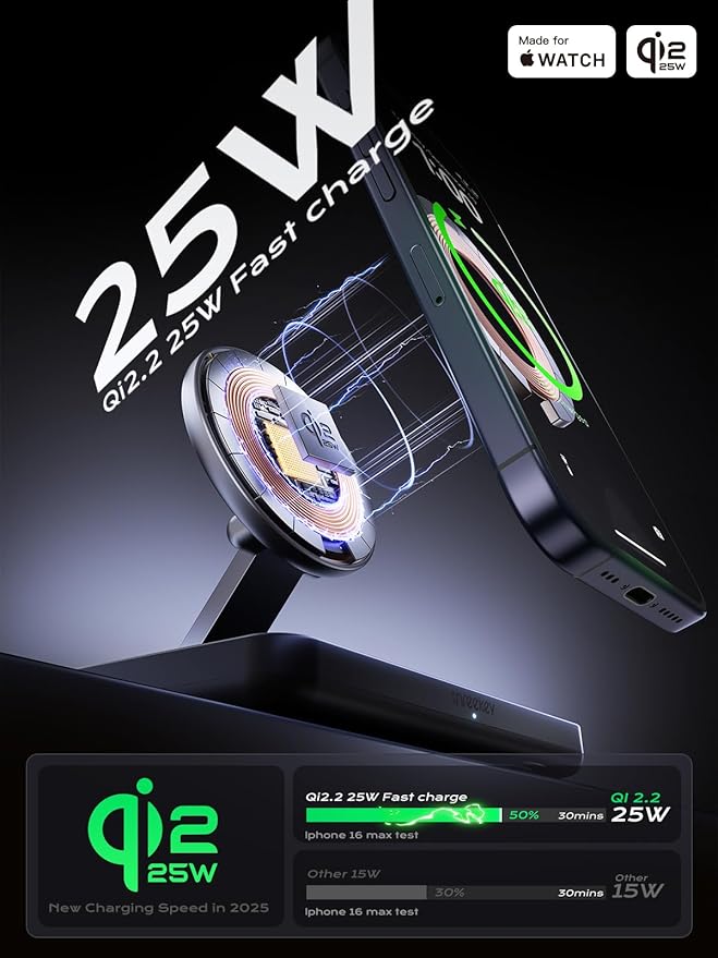 THREEKEY 3 in 1 iPhone 17 Charging Station,MagSafe Charger Compatible, Qi2 25W MFi Certified Wireless Charger Stand for iPhone 17/16/15/14/13/12, Apple Watch, AirPods(45W Adapter Included)