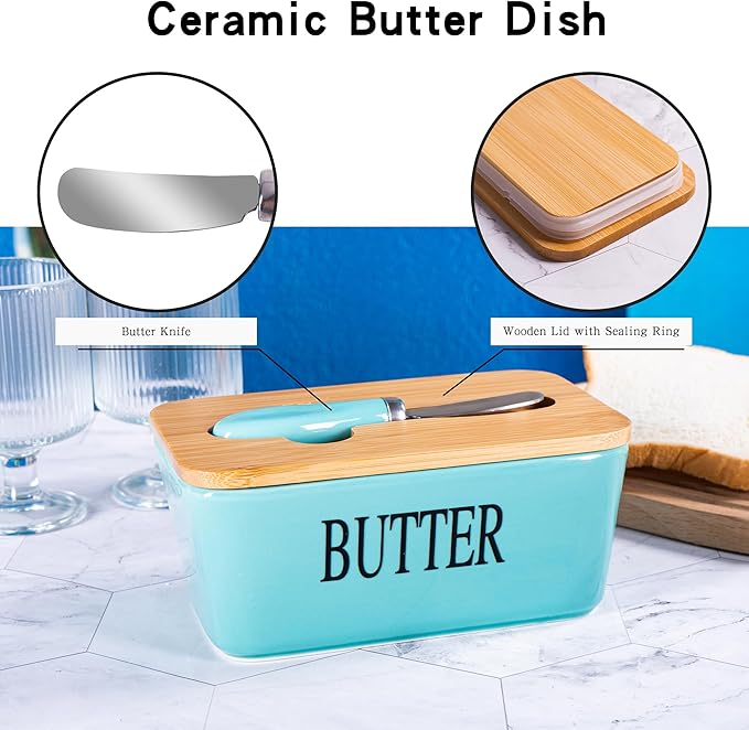 Large Butter Dish with Lid for Countertop, Ceramic Butter Stick Holder Container with Cover and Knife for Fridge