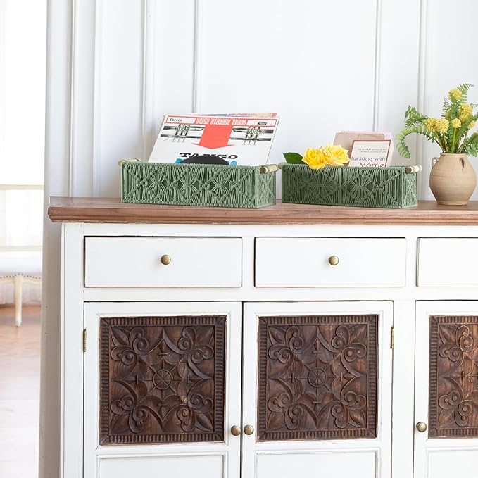 Mkono Macrame Storage Baskets Boho Decor Box Handmade Woven Decorative Countertop Toilet Tank Shelf Cabinet Organizer for Bedroom Livingroom Home, Set of 2, Green