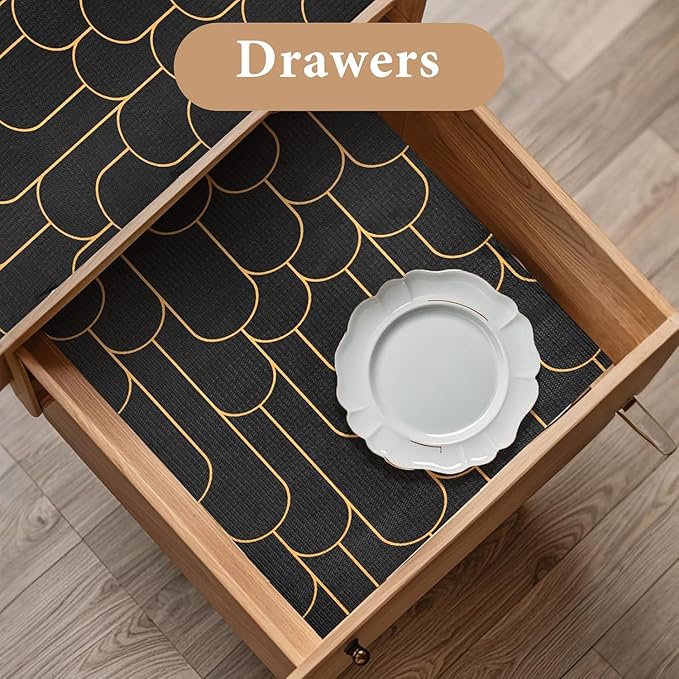 Shelf Liners for Kitchen Cabinets Drawer Liner 23.6in x 30FT Non Adhesive Black Gold Line Thickened Refrigerator Shelf Liner Paper Strong Easy to Clean for Tool Box with Knife and Tape Measure