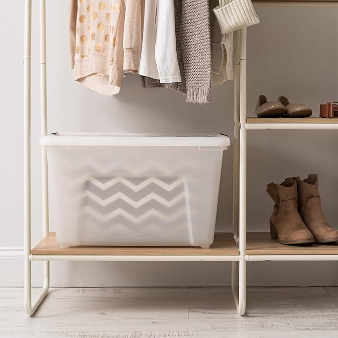 IRIS USA 54 Qt Stackable Plastic Storage Bins with Lids, 6 Pack - BPA-Free, Made in USA - Discreet Organizing Solution, Latches, Durable Nestable Containers, Secure Pull Handle - Pearl