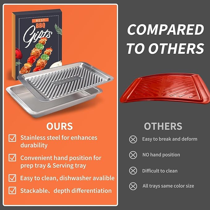 Grilling Prep and Serve Trays, Set of 2 Stackable Stainless Steel BBQ Trays Marinating Tray Serving Platter for Plating Food BBQ Prep Tub for Marinating Meats, Grill Accessories