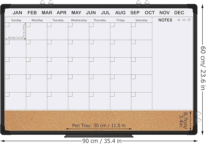 EAONE 36x24 in Double Side Whiteboard Calendar & Cork Board Combo for Wall, 3 in 1 Magnetic Dry Erase Whiteboard Monthly Calendar and Bulletin Board with Aluminum Frame for Home Office Kitchen