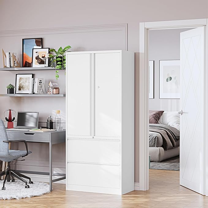 2-Drawer Metal File Cabinet, Lateral Vertical Filing Cabinets for Home Office, Locking File Cabinet with Storage Shelves, Legal/Letter/A4 Size (White, Assemble Required)