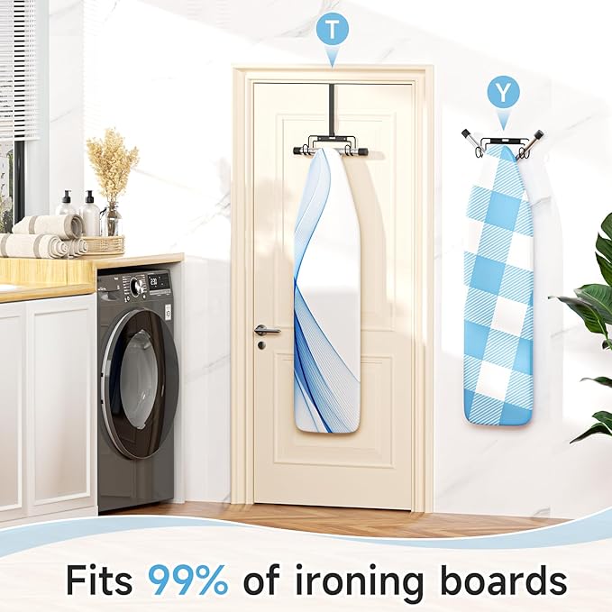 Ironing Board Holder Wall Mount, Over The Door Ironing Board Holder, Over The Door Or Wall Mount Ironing Board Hanger for Y & T Leg Iron Boards (Black)