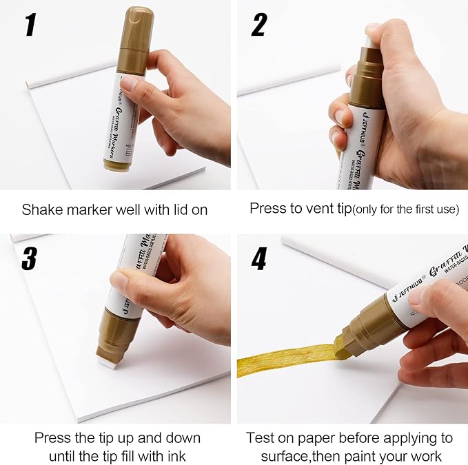 Paint Markers White/Black/Gold/Silver, 4Pcs Jumbo Acrylic Paint Markers Fat Wide Nibs 15mm, Acrylic Paint Pens for Stone, Metal, Wood, Glass, Canvas, Posters Supplies