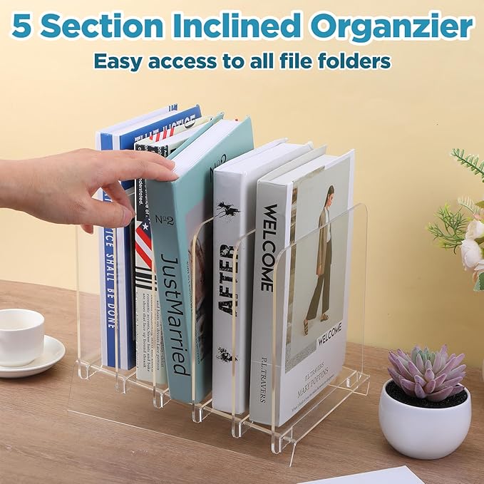 File Organizer for Desks Acrylic Vertical File Holder for Desk 5 Sections Desk Top Clear Workspace Sorters Folder Organizer Rack Stand for Letter Document Notebook Binder Office School Home