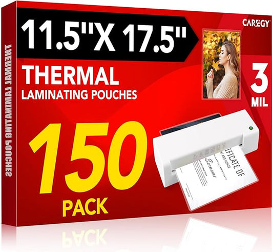 CAREGY 150 Pack Laminating Sheets, Hold 11 x 17 Inch Sheet, 3 Mil Clear Thermal Laminating Pouches 11.5 x 17.5 Inch Lamination Sheet Paper for Laminator, Round Corner
