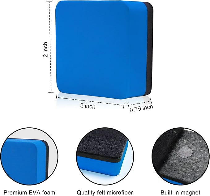 Mini Dry Erase Erasers, IHPUKIDI 48 Pack Magnetic Whiteboard Dry Erasers Chalkboard Cleaner Wiper for Kids and Classroom Teacher Supplies, Home and Office (2 x 2 Inch) Blue