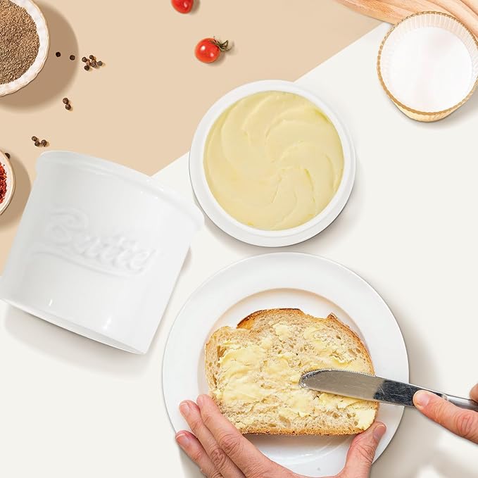Ceramic Butter Crock with Lid & Spreader Knife, Butter Keeper - Ideal Butter Storage & Countertop Butter Dish, White