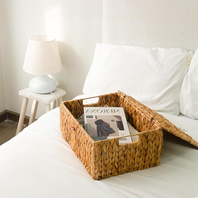 KOKODO Rectangular Water Hyacinth Basket with Lid for Organizing, Wicker Basket with Lid for Shelves and Closet, Handwoven Storage Basket with Lid and Handles