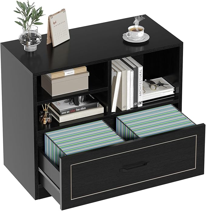 LVB Lateral Filing Cabinet with Drawer, Black Wood File Cabinet Printer Stand with Storage Shelves for Home Office, Modern Printer Cabinets Fits A4 Letter Legal Size with Hanging Folder, 32.7 Inch