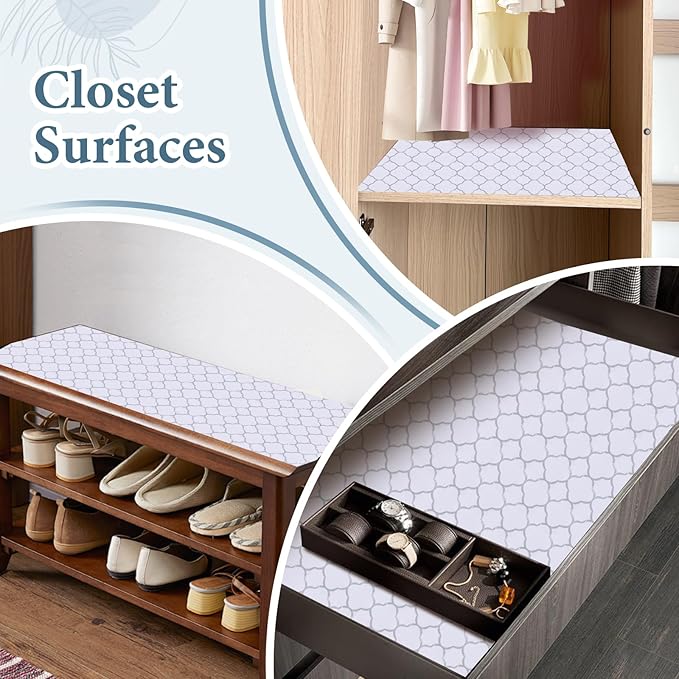 Shelf Liners for Kitchen Cabinets 17in x 30FT Non Adhesive Drawer Liner Silver Quatrefoil Shelf Liner Paper Strong Non-Slip Easy to Clean for Tool Box Refrigerator with Knife and Tape Measure