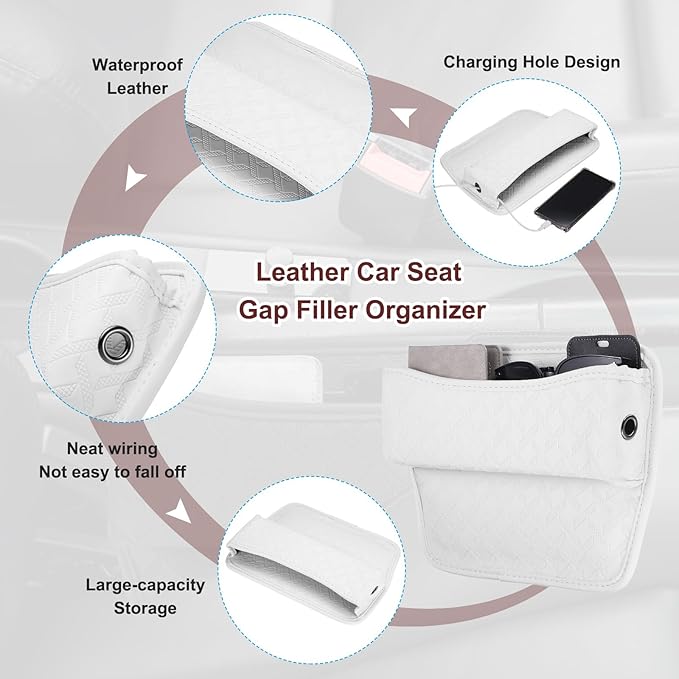 HARFINGTON 2pcs Car Seat Gap Filler Organizer 11.5 x 8 x 2.1 Inch Leather Universal Car Organizer Storage Box Between Seat and Console for Phone Sunglasses Keys, White