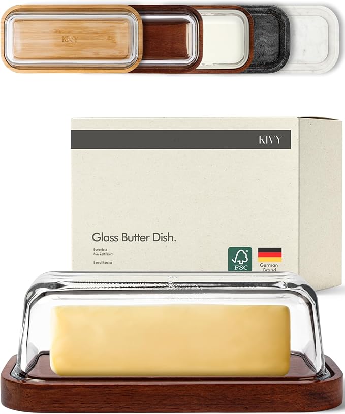 KIVY Glass butter dish with airtight lid that keeps butter soft - For countertop and refrigerator door shelf - Butter tray fridge - Butter holder for counter - Covered butter dishes with lid