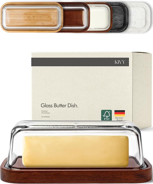 KIVY Glass butter dish with airtight lid that keeps butter soft - For countertop and refrigerator door shelf - Butter tray fridge - Butter holder for counter - Covered butter dishes with lid
