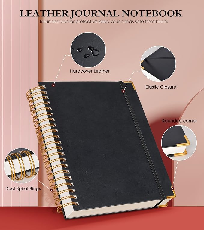 Spiral Notebook Journal 5.75” x 8.38”, 300 Pages Hardcover Leather Lined Journals for Women Men, A5 Small College Ruled Notebooks with 100 GSM Thick Paper, Spiral Journal for Writing Work School,