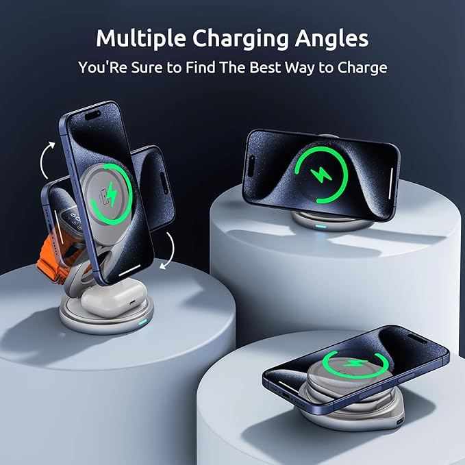 3 in 1 Charging Station for Apple Magsafe Travel Charger for Multiple Devices Aluminum Foldable Magnetic Wireless Charger with 360 Rotating for iPhone 17/16/15/14/13/12 Series,for iWatch,for Airpods
