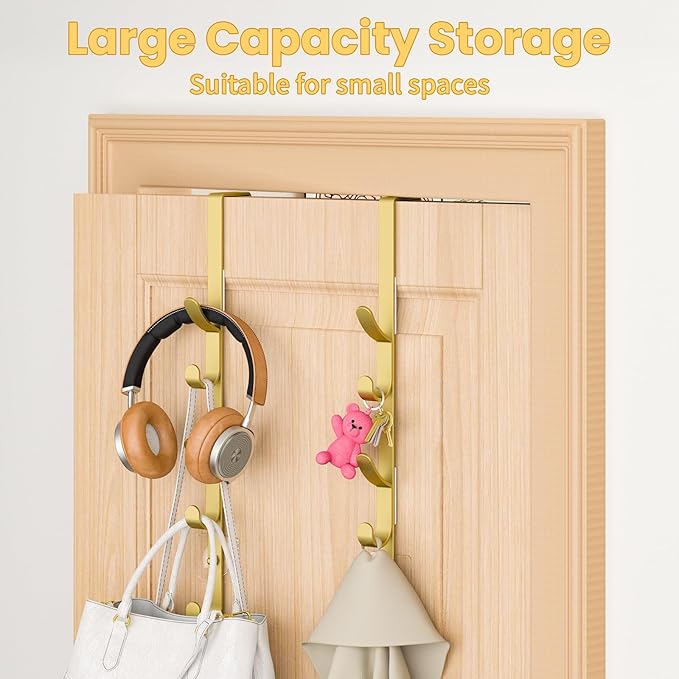 Over The Door Hooks, Metal Door Hooks for Hanging, Over The Door Purse Organizer for Door Coat Hanger, Back of Shower for Hanging Towel Rack Clothes, Hat, Bathroom, Closet (Gold-2Packs)