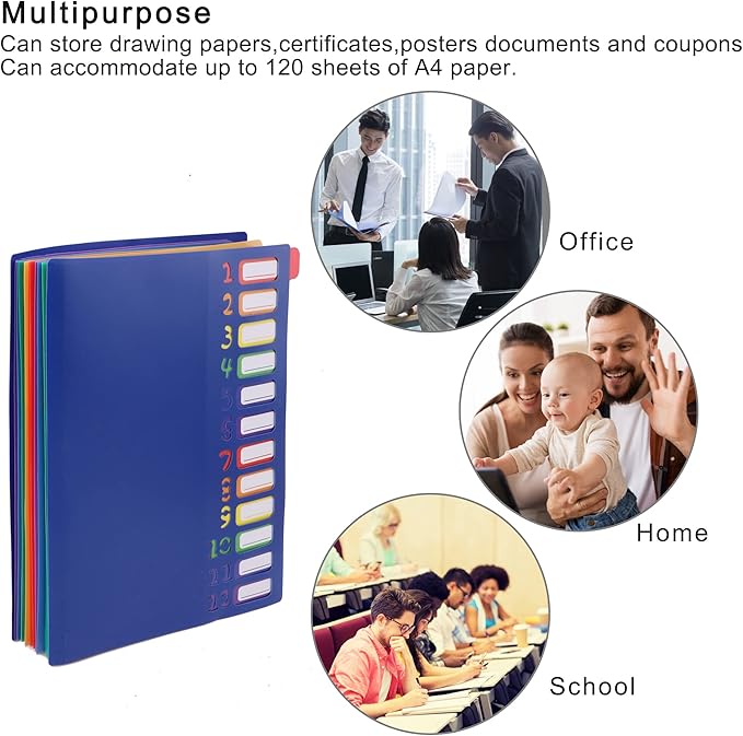 Rainbow Tab Expanding File Folder - 24 Pockets, Durable A4 Letter Size Organizer, Water-Resistant Plastic Dividers, Home/Office/School Document Holder (Blue)