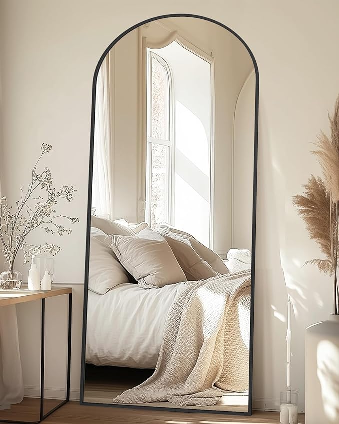 Full-Length Floor Mirror with Stand, 58"x18" Arched Style Full Body Standing Mirror for Bedroom, Living Room, Gym, Dorm - Shatter-Resistant & Easy Assembly, Black