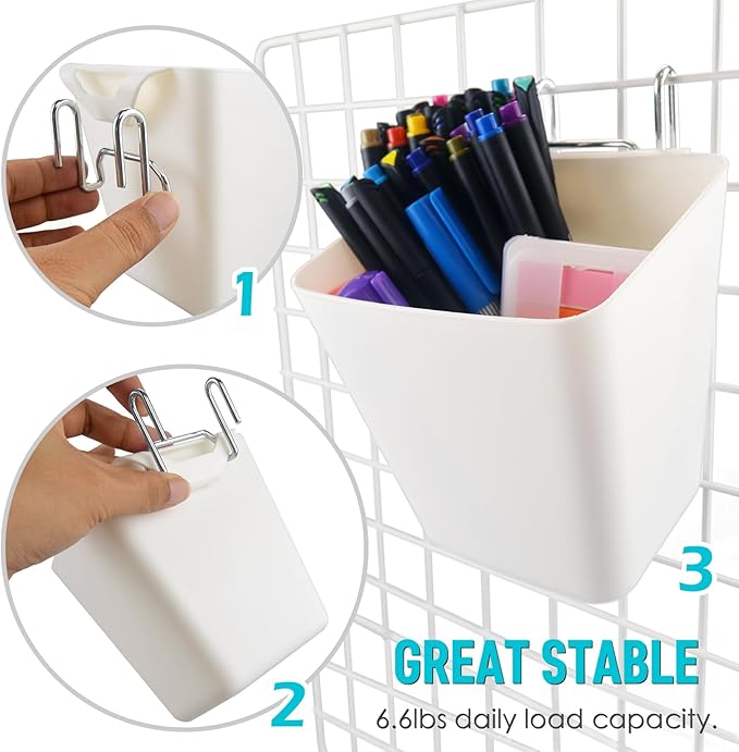 G.CORE Large Grid Wall Bins - 6Pack White Gridwall Accessories Hanging Cups with Back Hooks - Plastic Grid Wall Panels Organizers Wire Shelves Holders for Garage Garden Craft Office Tools Storage