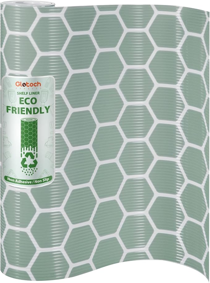Glotoch Premium Non Slip Shelf Liner, 12” X 20 FT Drawer Liner Non Adhesive, Waterproof Shelf Liners for Kitchen Cabinets, Drawer, Fridge, Wire Shelving, Pantry, Bathroom-, Heavy Duty, Green Geometric