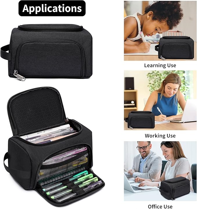 XQXA Large Capacity Pencil Case Organizer, Multifunctional Extra Big Pencil Pouch with Compartmens, Travel Simple Stationery Pen Bag, Fabric Pencil Bag for Men Women Girl Boy (Black)