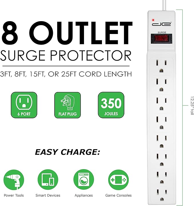 Digital Energy 8 Outlet Surge Protector Power Strip - 15 AMP, 1875 W, 125 V, 350 J Surge Protection, ETL Listed - Flat Plug, White, 8 FT