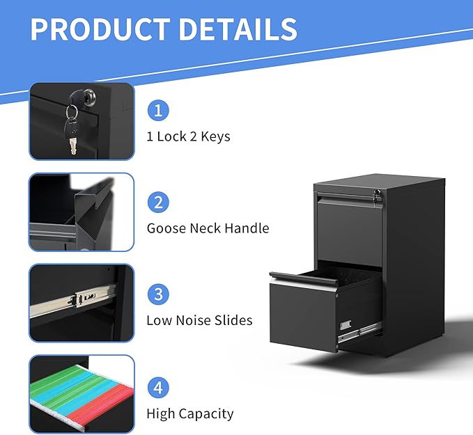 2 Drawer File Cabinet with Lock, Vertical File Cabinet with Lock, Locking File Cabinet Hanging Files for A4/ Legal/Letter,White