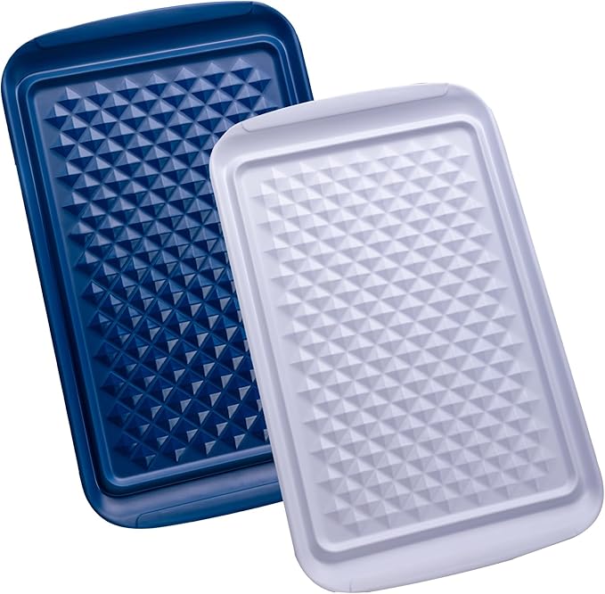 LEHAHA Grilling Prep Trays, Melamine BBQ Prep and Serving Platter and Tray for Outdoor Entertaining, Food Serving Tray, Set of 2, 17" x 10.5", Blue and White