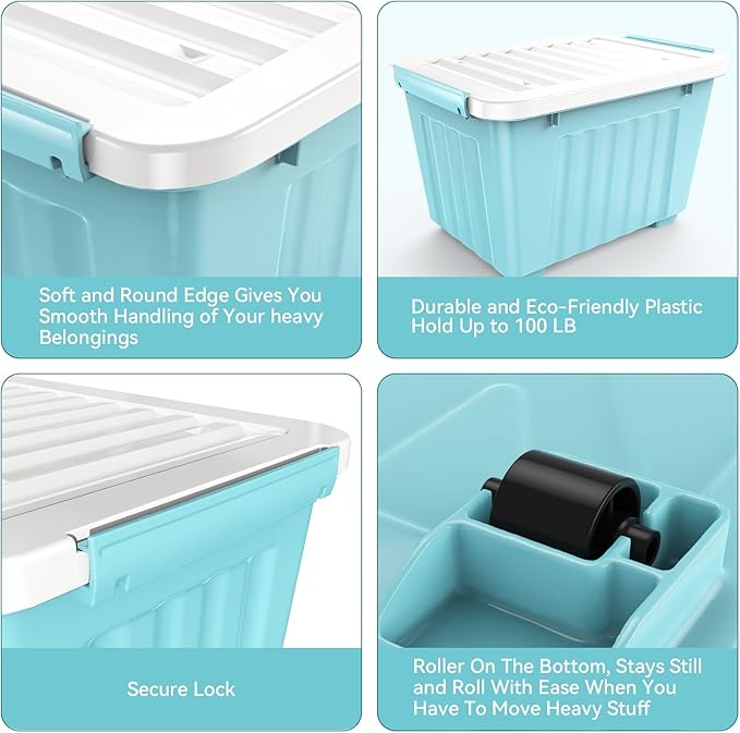 Nazhura 97 Quart Plastic Storage Bin, Stackable and Nestable Storage Boxes with White Lids and Secure Latching Buckles, Large Storage Container (Blue, 97Quart-6Pack)