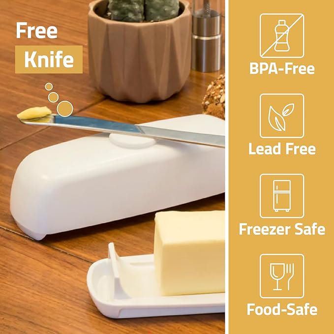 Butter Hub Butter Dish with Lid and Knife, Magnetic Butter Keeper, Easy Scoop, No Mess Lid, Plastic, Dishwasher Safe (White)