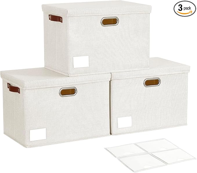17" Large Collapsible Storage Bins with Lids, Stackable Closet Organizers with PU Handle and Labels, 3-Pack Decorative Fabric Storage Boxes for Home, Bedroom, Closet, Office, Nursery(White)