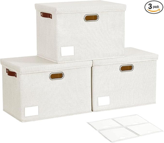 17" Large Collapsible Storage Bins with Lids, Stackable Closet Organizers with PU Handle and Labels, 3-Pack Decorative Fabric Storage Boxes for Home, Bedroom, Closet, Office, Nursery(White)