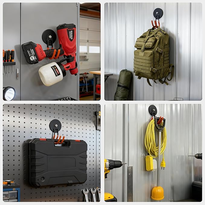 MUTUACTOR New Updated Heavy Duty Magnetic Hooks,40lbs 2-Pack Super Strong Magnetic Hooks for Hanging,Anti-Scratch Garage Magnets J-Hook for Organizing Heavy Impact Drivers Trailer Cord Garden Tools