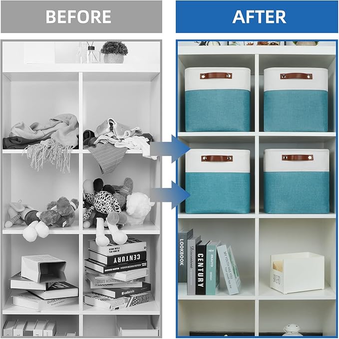 Temary 11 Inch Cube Storage Bins Cubes Storage Baskets 4 Pack Fabric Baskets for Gift Empty, Collapsable Fabric Storage Cubes Basket for Storage clothes, Teal Storage Bins for Shelves (White&Teal)