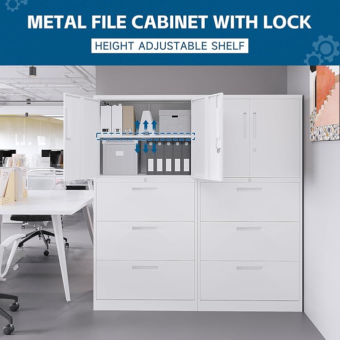 3-Drawer Metal File Cabinet, Lateral Vertical Filing Cabinets for Home Office, Locking Cabinet with Storage Shelves, Legal/Letter/A4 Size Office File Cabinet,(White, Assemble Required)