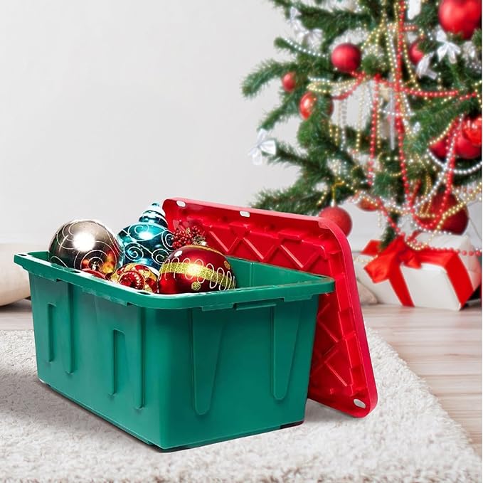 HOMZ 2-Pack Durabilt, Heavy Duty Plastic Storage Bins with Lids, 27 Gallon, Green/Red - Stackable Container Boxes for Holiday, Attic, and Garage Organization