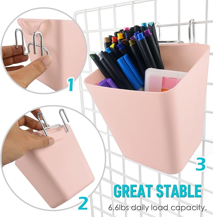 G.CORE Large Grid Wall Bins - 6Pack Pink Gridwall Accessories Hanging Cups with Back Hooks - Plastic Grid Wall Panels Organizers Wire Shelves Holders for Garage Garden Craft Office Tools Storage