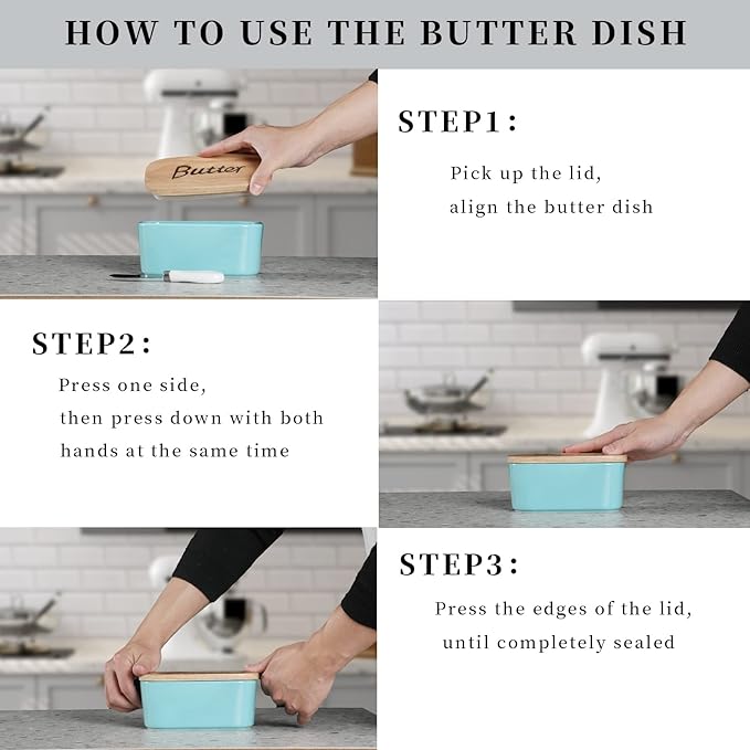 Ceramics Butter Dish with Wooden Lid- Large Covered Butter Holder for Countertop, Butter Keeper Container Perfect for Holds 2X 4oz West/East Coast Butter, Turquoise