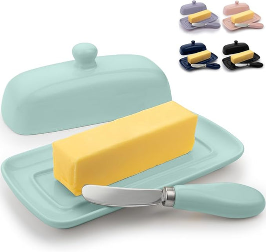 Zulay Butter Dish With Lid For Countertop - Porcelain White, Ceramic Butter Dish with Knob Handle Great for Cooking - Elegant Design Butter Holder - Durable & Sturdy Butter Keeper - Mint